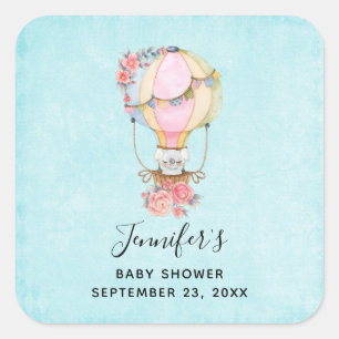 Sticker Carré Baby shower d'aquarelle à bulle d'air chaud