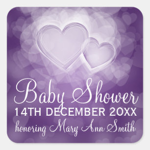 Sticker Carré Baby shower Date Moderne Coeurs pourpres