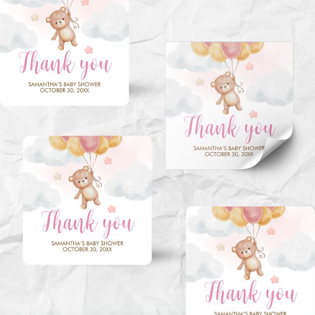 Sticker Carré Baby shower d'attente de l'ours de fille (We Can Bearly Wait Bear Balloons Baby Shower Sticker)