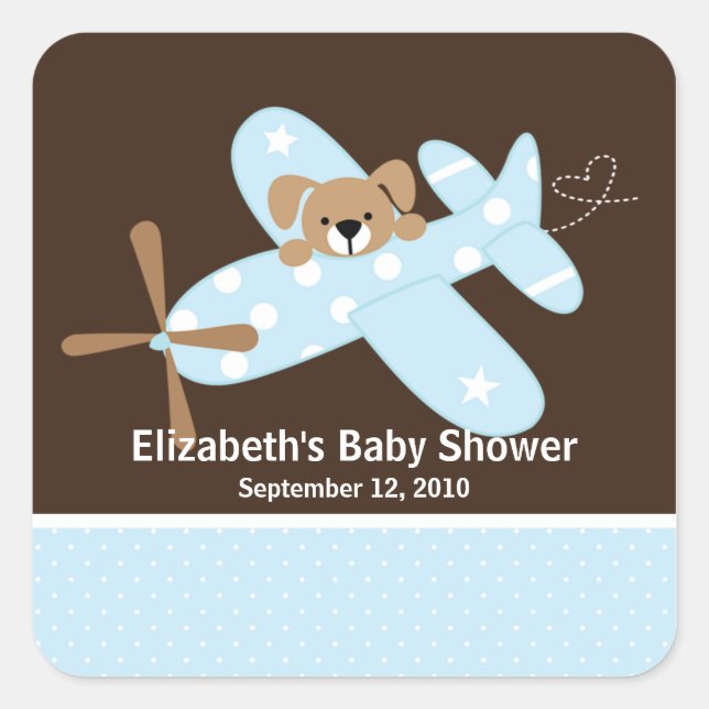 Sticker Carré Baby shower d'avion bleu! (Devant)