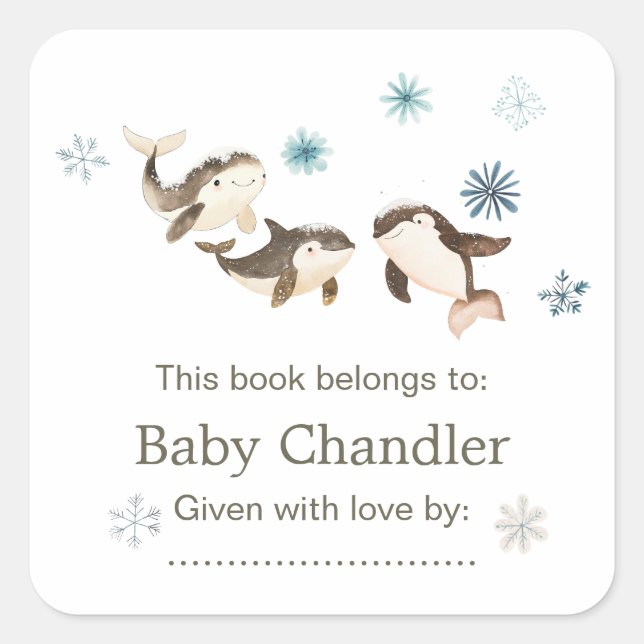Sticker Carré Baby shower de baleines arctiques mignonnes (Devant)