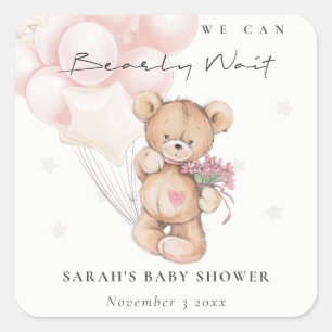 Sticker Carré Baby shower de ballon d'ours d'attente blanc mou