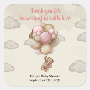 Sticker Carré Baby shower de ballons rose brun pour bébé ours