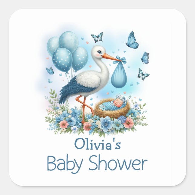 Sticker Carré Baby shower de bébé en cigogne bleue (Devant)