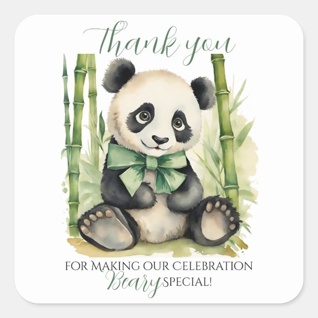 Sticker Carré Baby shower de bébé Panda ours Merci (Devant)