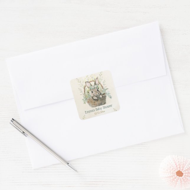 Sticker Carré Baby shower de Bunny Eucalyptus vert (Enveloppe)