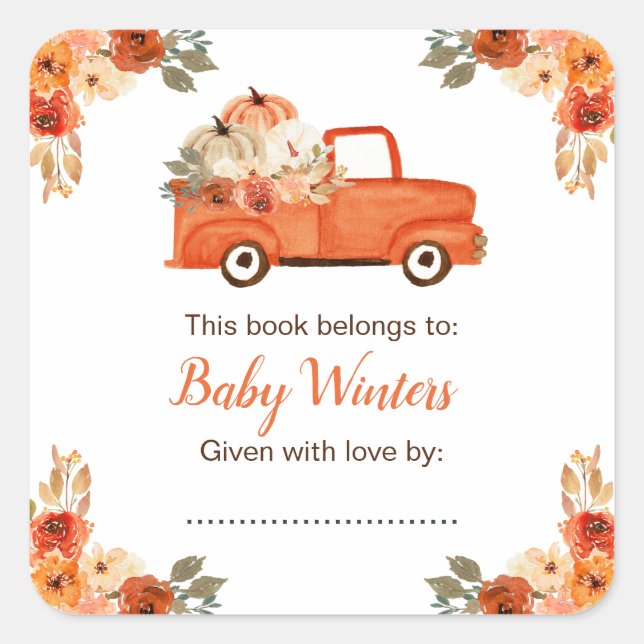 Sticker Carré Baby shower de camion Citrouille Floral (Devant)