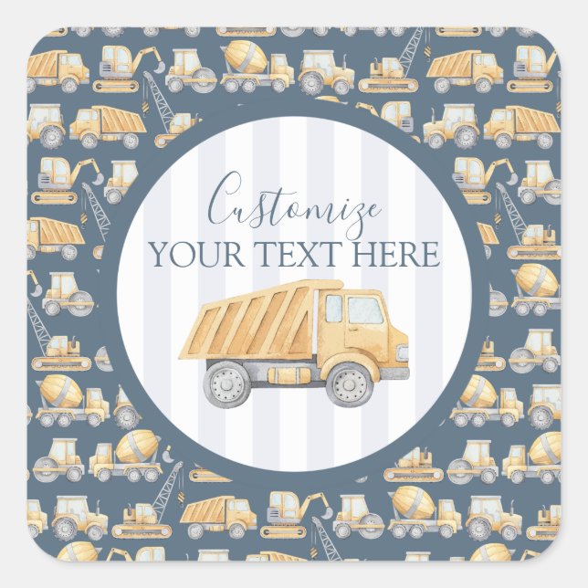 Sticker Carré Baby shower de camion de construction (Devant)