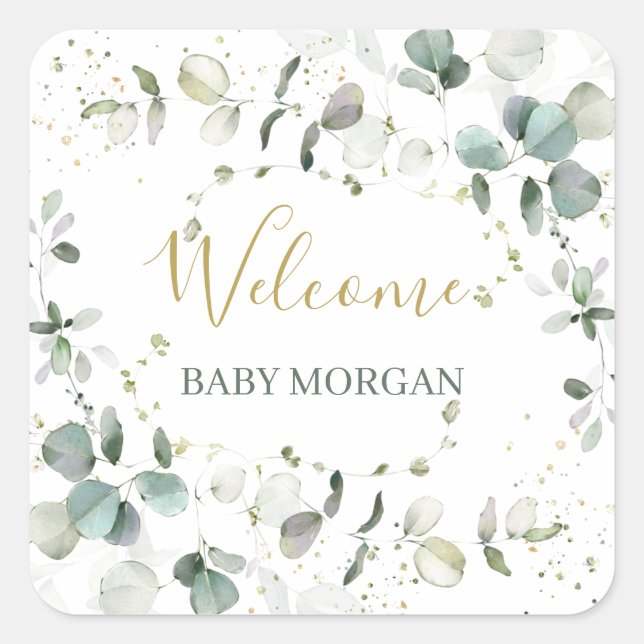 Sticker Carré Baby shower de feuillage Eucalyptus (Devant)