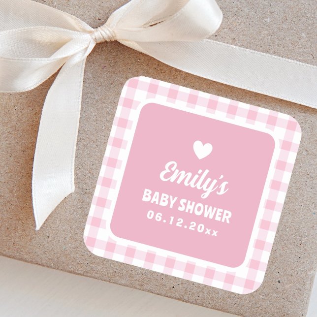 Sticker Carré Baby shower de fille moderne Retro rose En vichy f (Créateur téléchargé)
