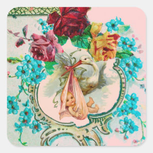 STICKER CARRÉ BABY SHOWER DE FILLES EN COURSE ROSES ROSES ROSES 