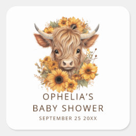 Sticker Carré Baby shower de fleurs de soleil de vache de Bohemi
