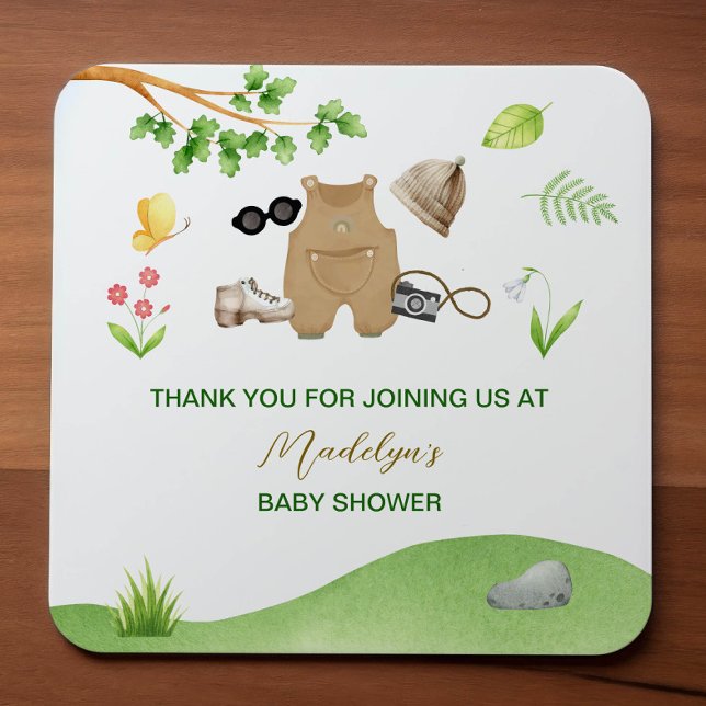Sticker Carré Baby shower de forêt de Little Explorer (Créateur téléchargé)