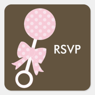 Sticker Carré Baby shower de la fille du Rattle rose