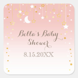 Sticker Carré Baby shower de lune aux étoiles roses