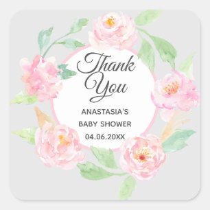 Sticker Carré Baby shower de Merci de gris et rose