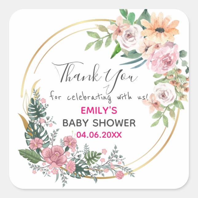 Sticker Carré Baby shower de Merci de  rose fleuri (Devant)