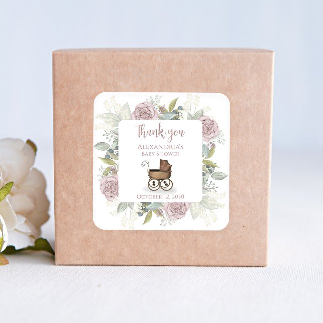 Sticker Carré Baby shower de Merci rose pour fille (Baby shower thank you stickers with watercolor roses floral design. )
