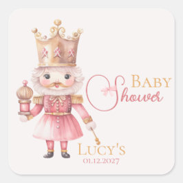 Sticker Carré Baby shower de Noël Pink Nutcracker Aquarelle