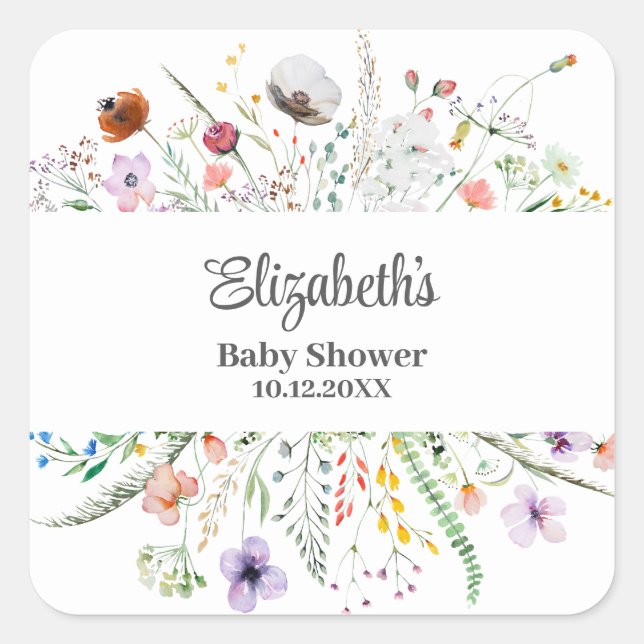 Sticker Carré Baby shower de prairie Fleur sauvage aquarelle (Devant)