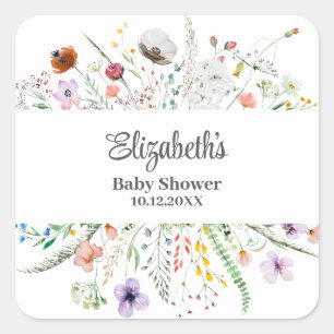 Sticker Carré Baby shower de prairie Fleur sauvage aquarelle