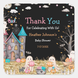 Sticker Carré Baby Shower de Révélation du Sexe d'Halloween Past