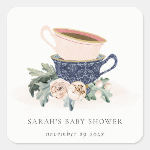 Sticker Carré Baby shower de tasses à thé bleu flou