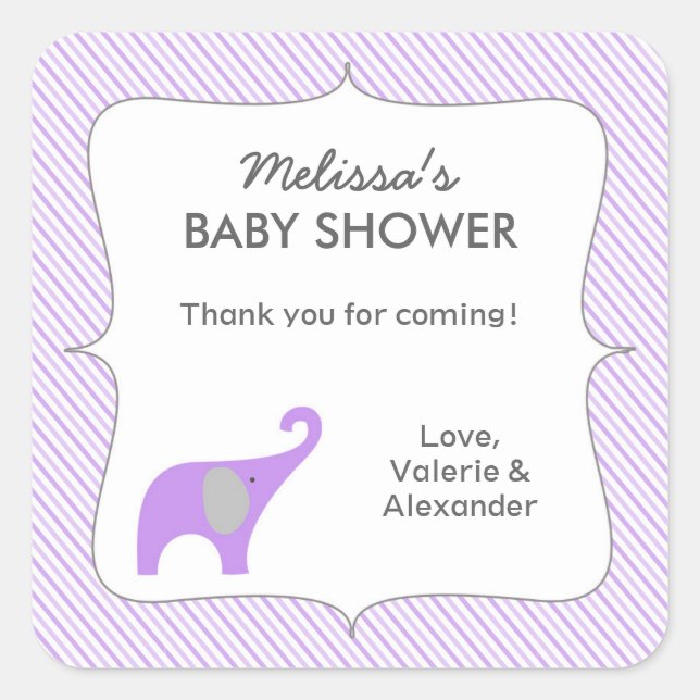 Sticker Carré Baby shower d'éléphant gris lavande merci (Devant)