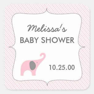 Sticker Carré Baby shower d'éléphant gris rose favoriser autocol