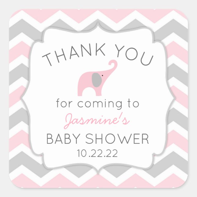 Sticker Carré Baby shower d'éléphant rose merci pour l'autocolla (Devant)