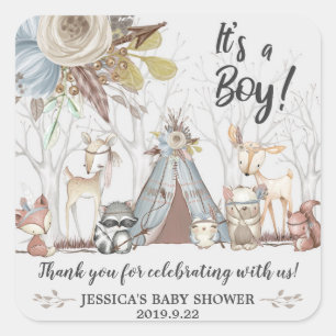 Sticker Carré Baby shower des animaux de bois de la tribu Merci