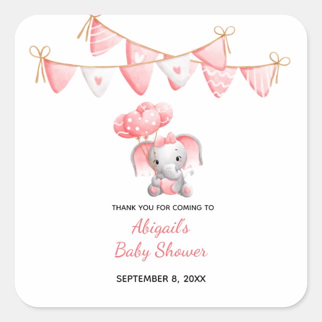 Sticker Carré Baby shower des ballons d'éléphants roses (Devant)