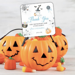 Sticker Carré Baby shower d'Halloween bleu Fantôme Citrouille bo