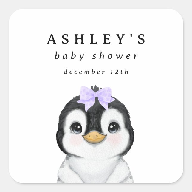 Sticker Carré Baby shower d'hiver de Pingouin mignon (Devant)