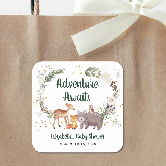 Sticker Carré Baby shower d'hiver des animaux des bois (Créateur téléchargé)
