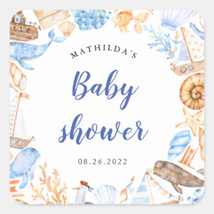 Sticker Carré baby shower d'illustrations de plage nautique