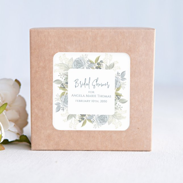 Sticker Carré Baby Shower Élégant Fleurs Roses Bleu Poussiéreux  (Bridal shower square sticker with beautiful blue floral roses and greenery. )