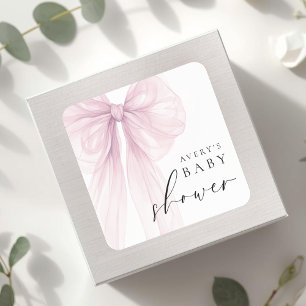 Sticker Carré Baby Shower Élégant Ruban Rose