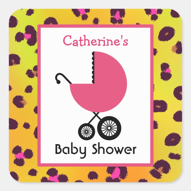 Sticker Carré Baby shower Empreinte de léopard et transport rose (Devant)