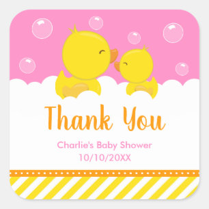 Sticker Carré Baby shower en caoutchouc Ducky Merci rose jaune