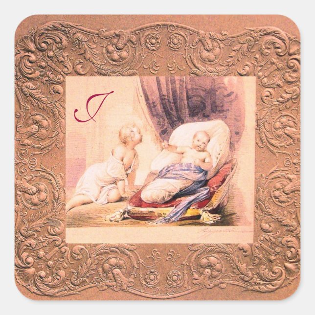 Sticker Carré Baby shower FILLE ANTIQUE ROSE MONOGRAMME FLORAL (Devant)