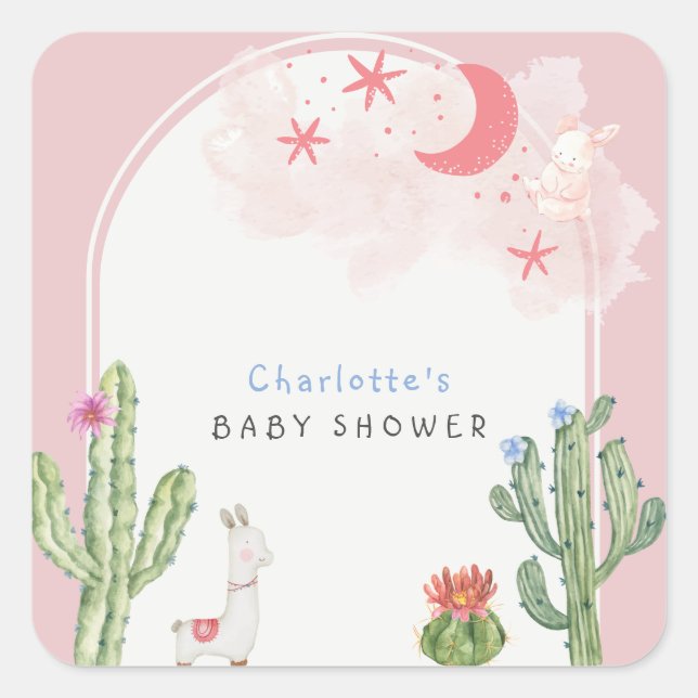 Sticker Carré Baby shower Fille Boho Rose Arch Cactus jouets (Devant)