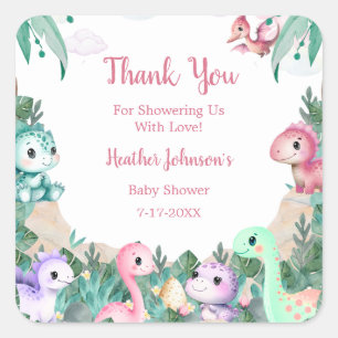 Sticker Carré Baby Shower Fille Dinosaure Mignon Aquarelle
