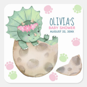 Sticker Carré Baby Shower Fille Dinosaure Triceratops