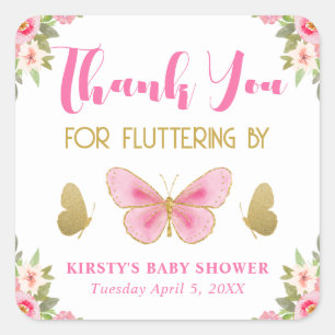 Sticker Carré Baby Shower Fille Fleur Papillon Rose et Or