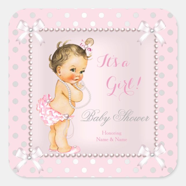 Sticker Carré Baby shower fille rose Grey Pearl Brunette (Devant)