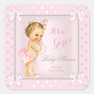 Sticker Carré Baby Shower Fille Rose Gris Perle Blonde