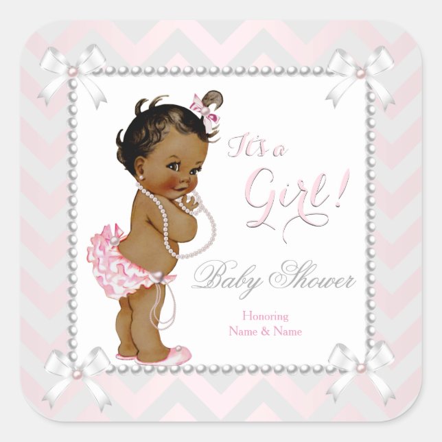 Sticker Carré Baby shower fille rose Pearl gris blanc ethnique (Devant)