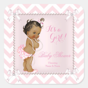 Sticker Carré Baby Shower Fille Rose Perle Blanche Chevron Ethni
