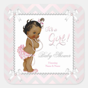 Sticker Carré Baby Shower Fille Rose Perle Gris Blanc Ethnique